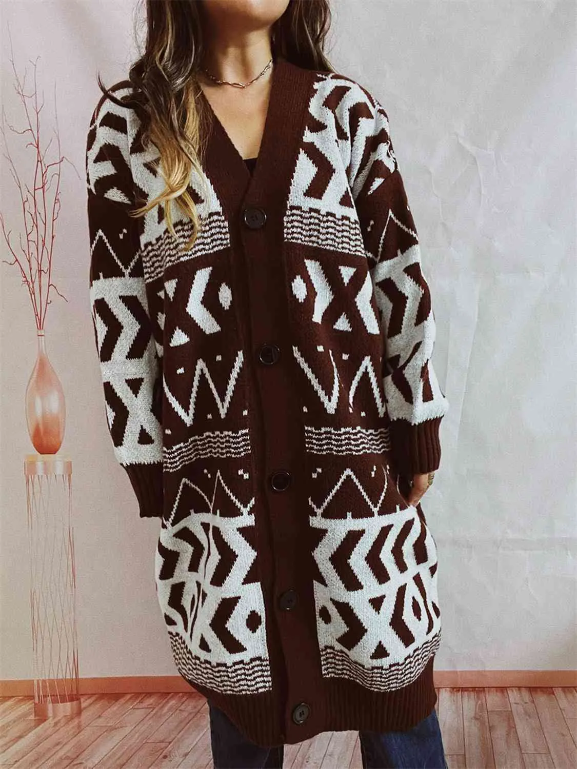 Maxct &Geometric Button Front Longline Cardigan