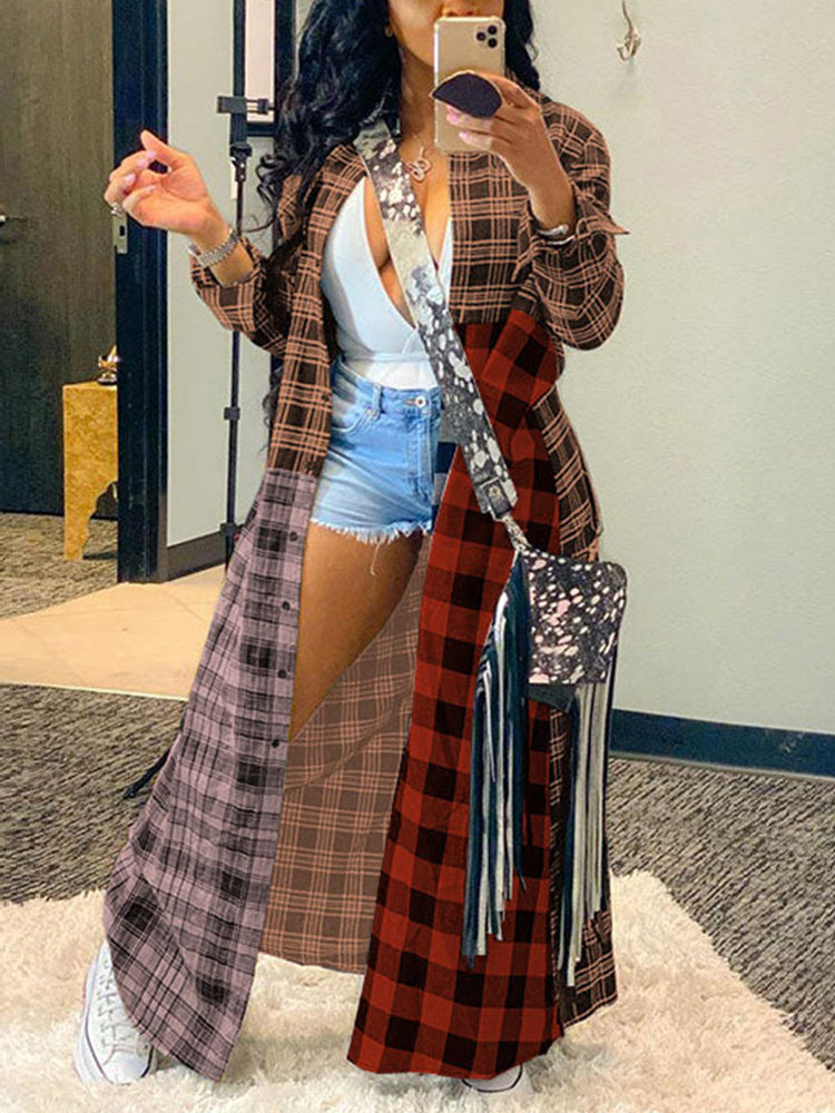 Plaid Turndown Collar Dresses Coat Maxct