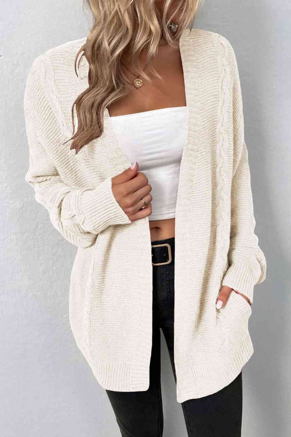 Maxct &Cable-Knit Open Front Cardigan with Pockets