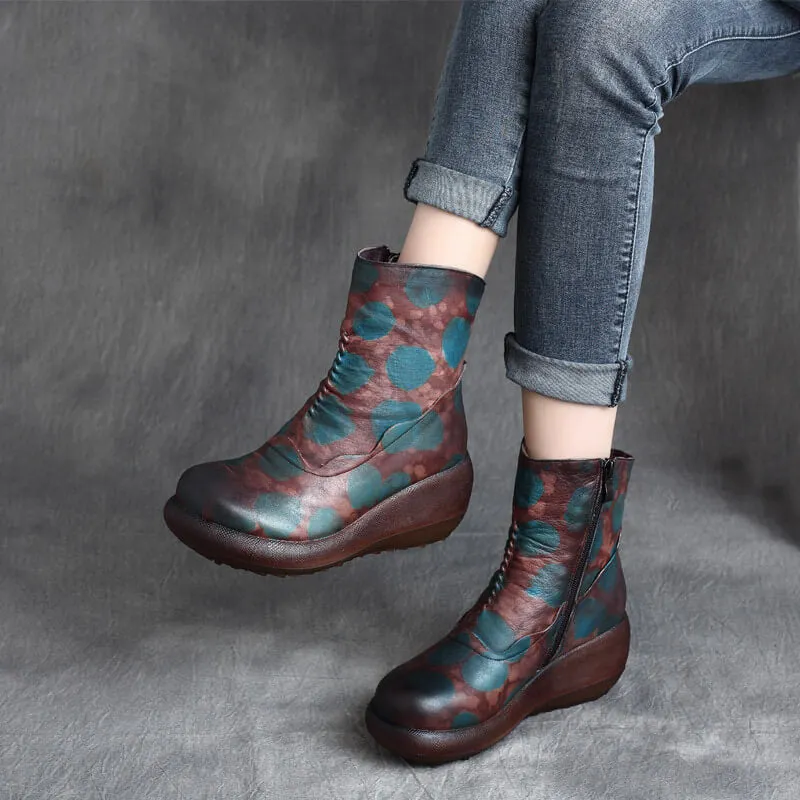 Maxct Women Autumn Winter Retro Leather Thick- Soled Wedge Heel Boots