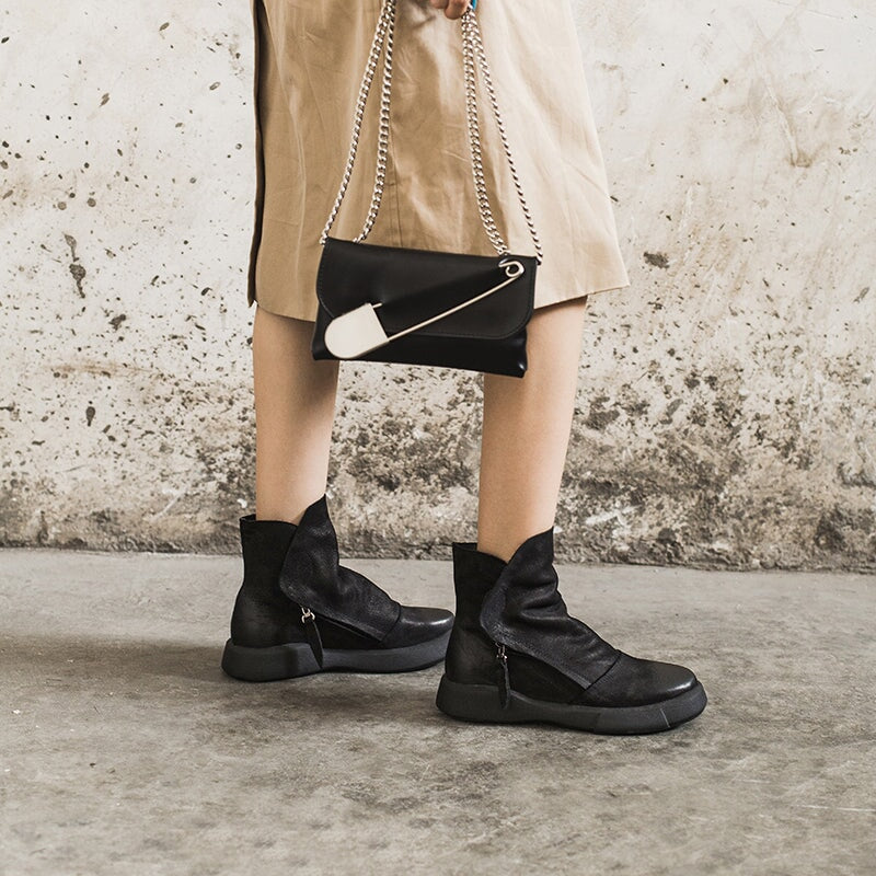 Soft Cowhide Retro Chunky Ankle Boots Black/Coffee Maxct