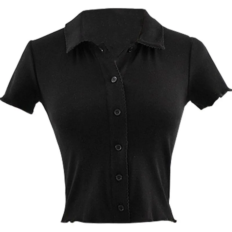Maxct Simple Polo Neck Knitted Lace Short Seeves Shirt