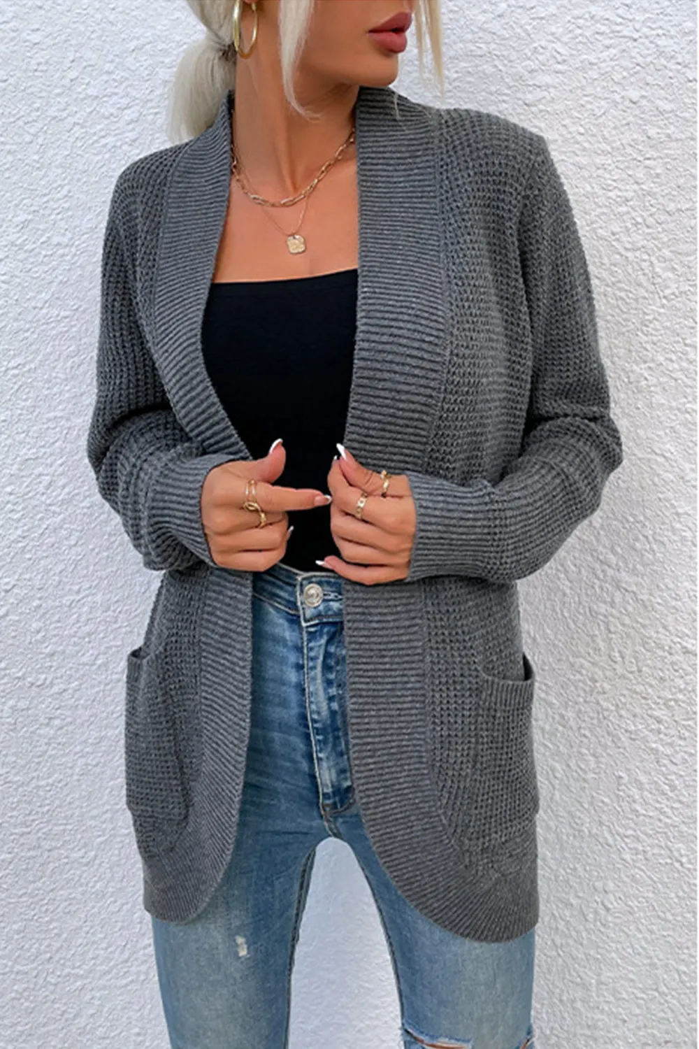 Maxct &Open Front Rib-Knit Cardigan with Pockets