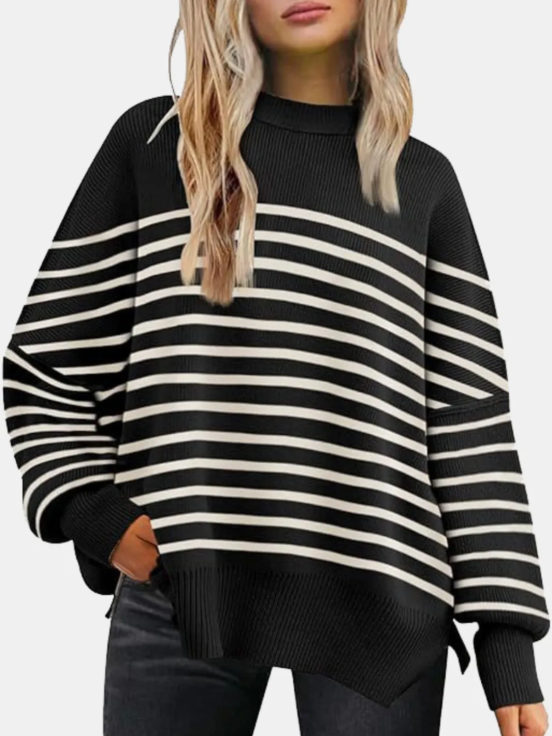 Maxct &Round Neck Drop Shoulder Slit Sweater