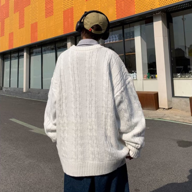Pullover sweater men autumn winter pure color simple retro crewneck sweater lazy wind twist thread coat