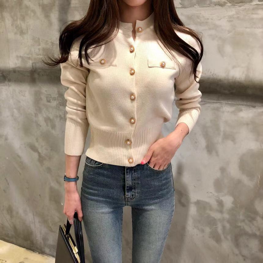 Maxct Women O-Neck Knitted Full Sleeve Cropped Buttons Slim Sweaters Cardigans Lady Single-breasted Sweater Crop Tops for Female
