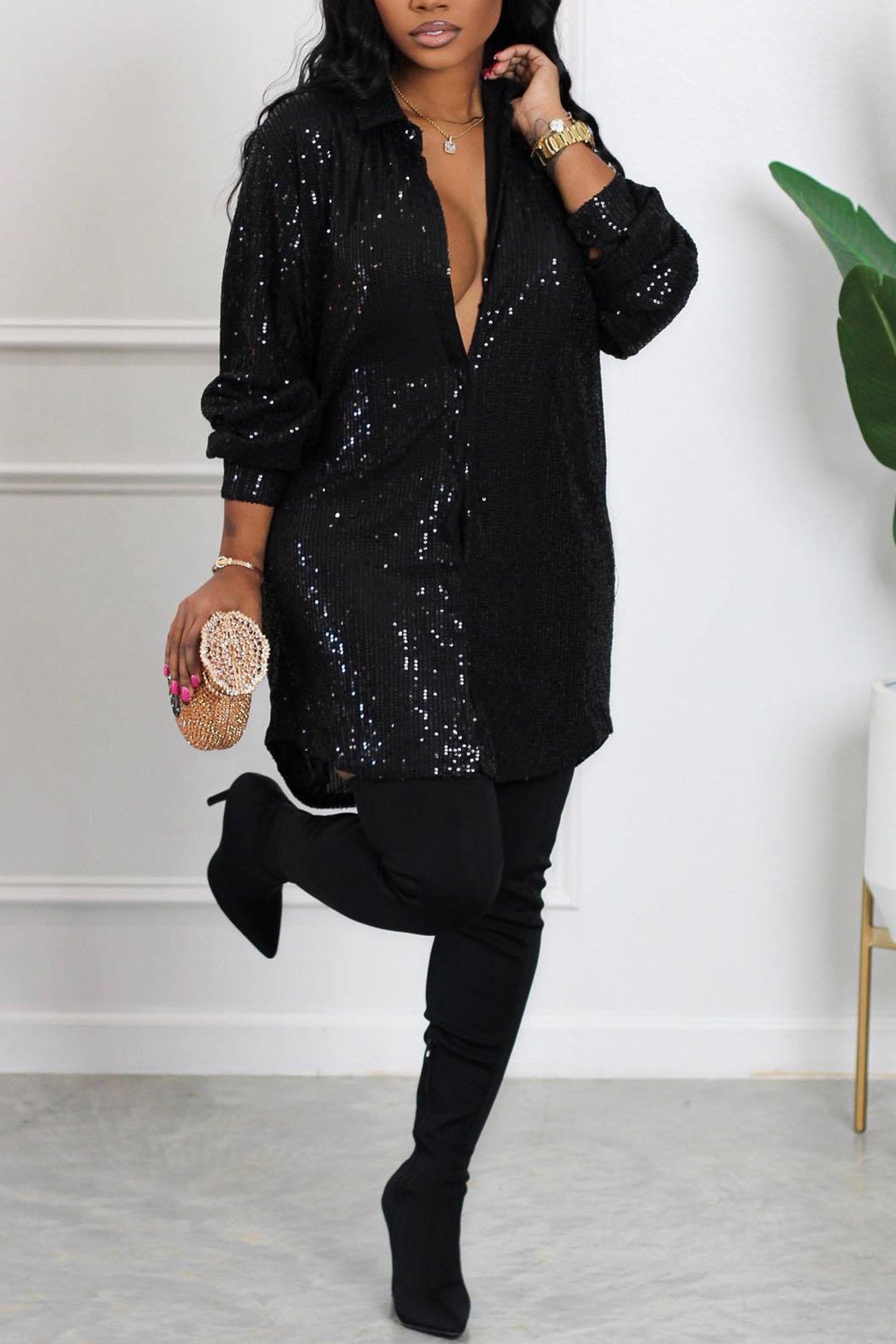 Maxct Sequins Solid Shirt Dress