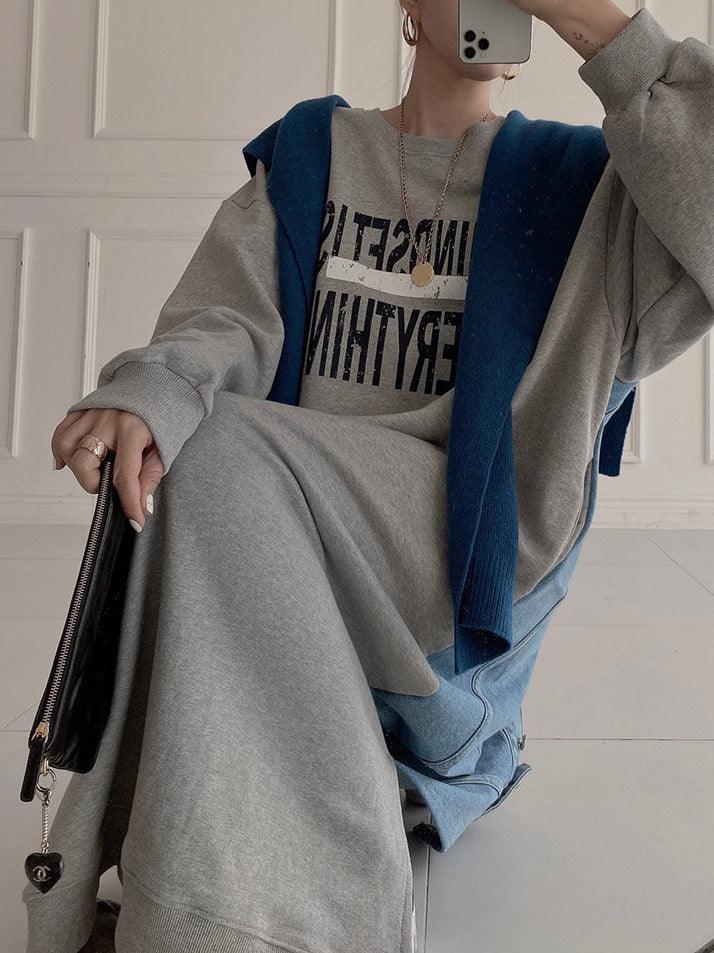 Maxct Simple Letter Print Denim Splt-joint Long Sleeve Sweatshirt Dress