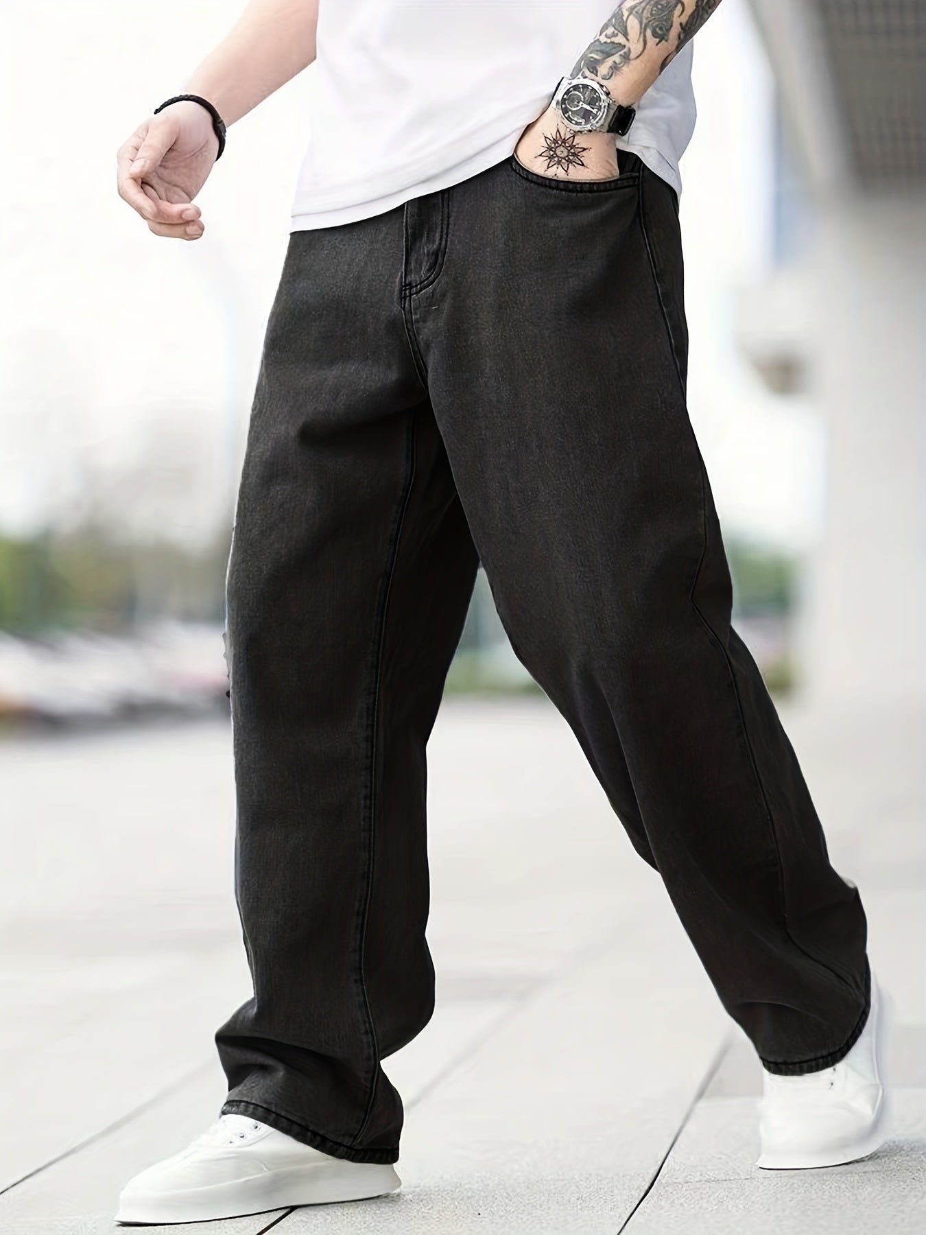 Maxct  Classic Design Wide Leg Jeans, Men's Casual Street Style Solid Color Denim Pants For Spring Summer