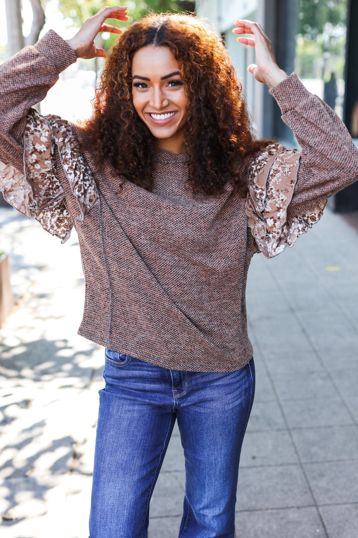 Maxct &Fall Diva Brown Two Tone Knit Floral Print Frill Detail Sweater