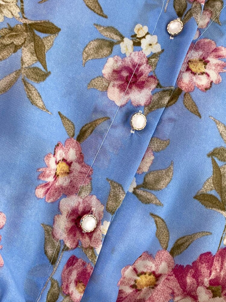 Vintage Floral Chiffon Long Dress Elegant O-Neck Puff Sleeve High Waist A-Line Ruffle Hem Vacation Beach Maxi Vestidos