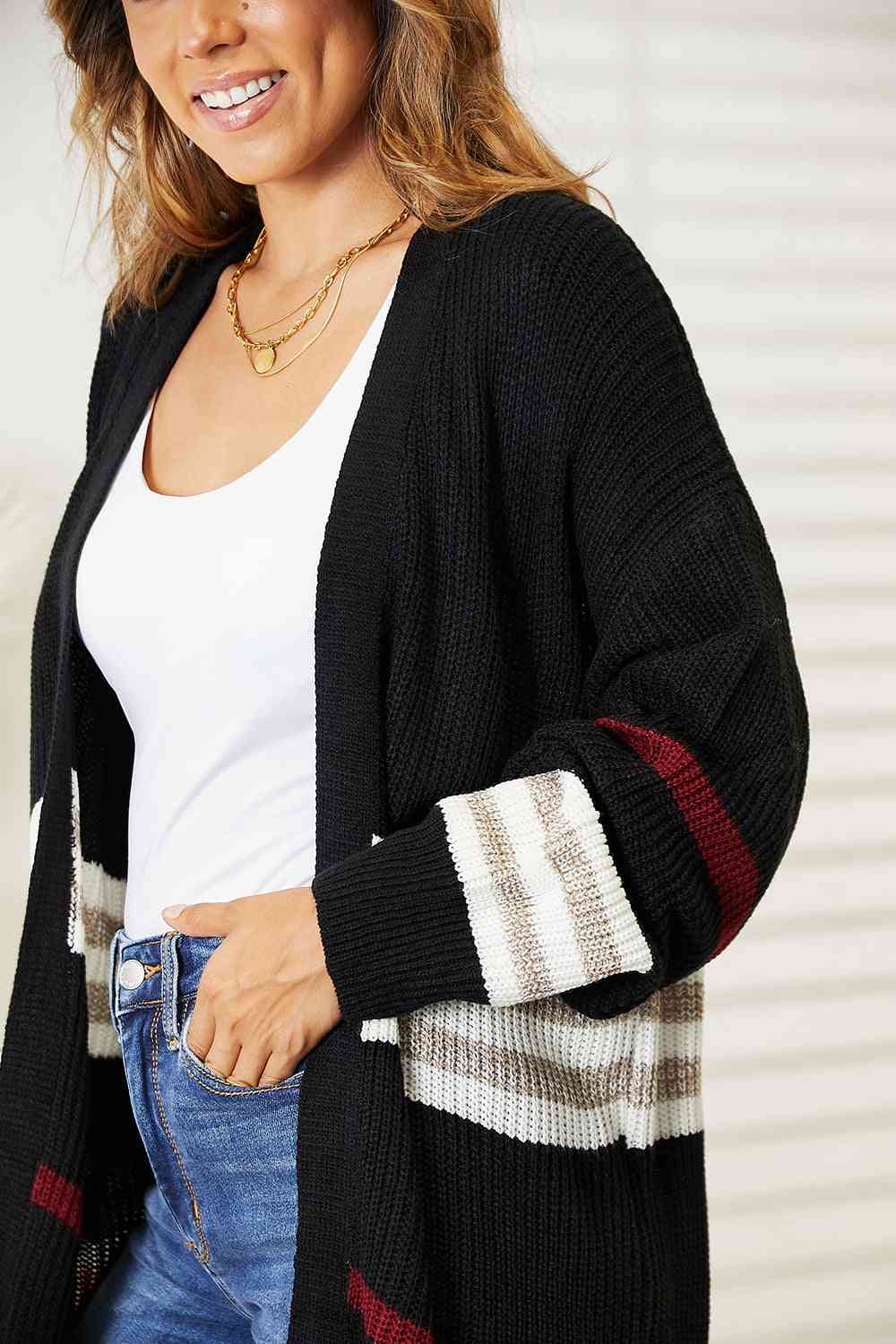 Maxct &Double Take Striped Rib-Knit Drop Shoulder Open Front Cardigan