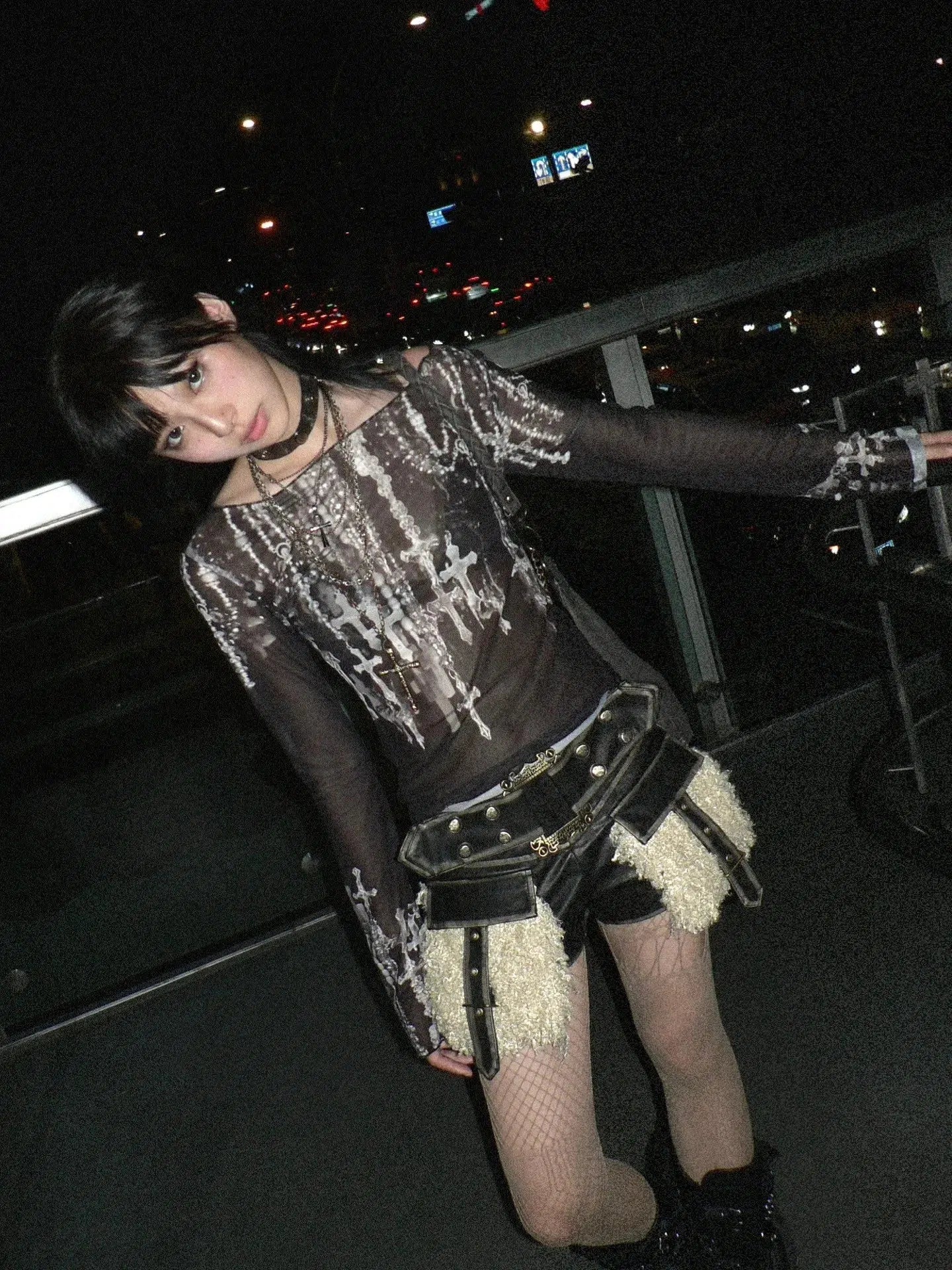 Maxct &Grunge Cross Wide Neck Mesh Top