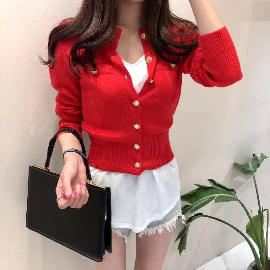 Maxct Women O-Neck Knitted Full Sleeve Cropped Buttons Slim Sweaters Cardigans Lady Single-breasted Sweater Crop Tops for Female