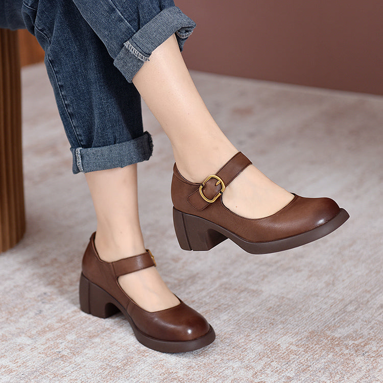 Handmade Pumps Mary Jane Heels Sandalss Round Toe  Retro Velcro Sandals Black/Brown Maxct