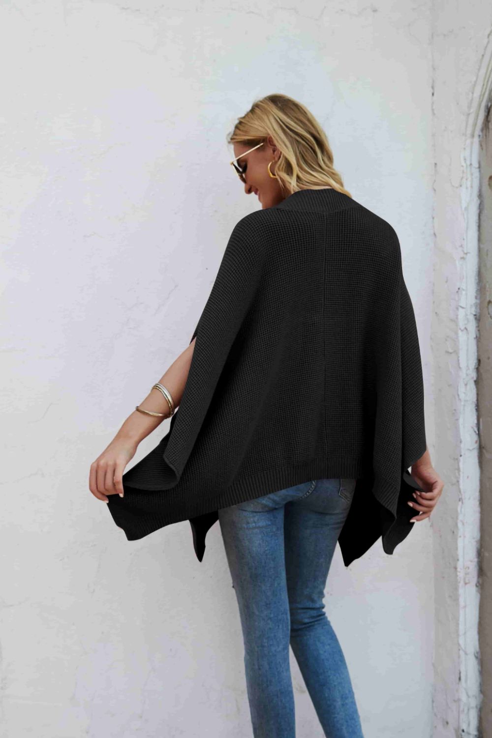 Maxct &Double Take Waffle-Knit Cloak Sleeve Pocket Sweater