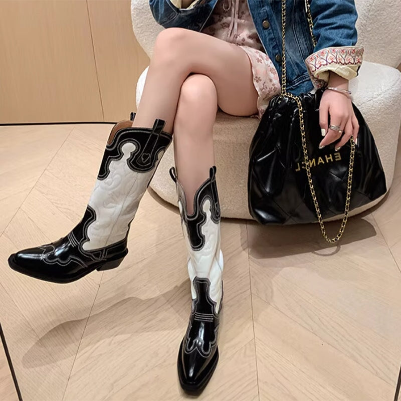 Womens Contrasting Embroidery Western Boots Mid Calf Cowboy Boots Maxct