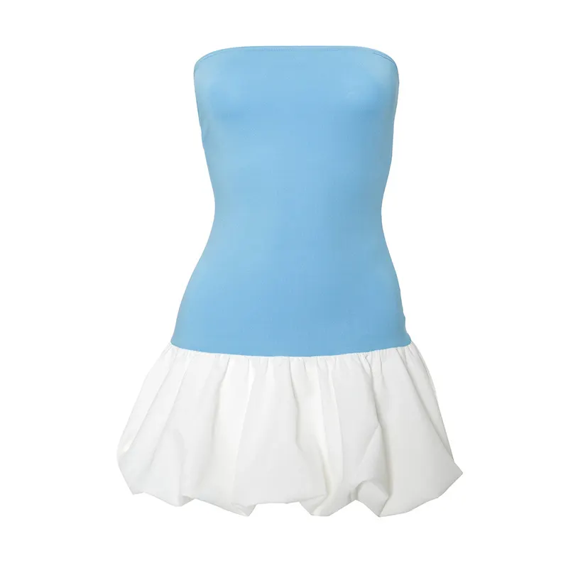 Contrast Color Mini Folds Dress For Strapless Slim Sleeveless Ruched Splice Y2K Beach FeClub Party Dress