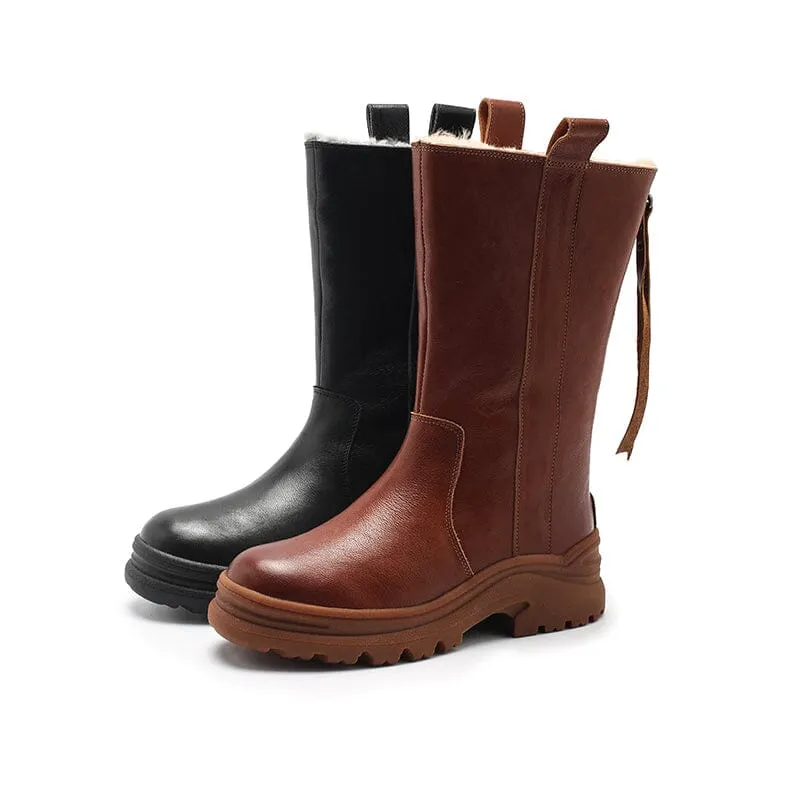 Womens Shearling Lined Snow Boots for Cold Winter Retro Mid Calf Boots Maxct