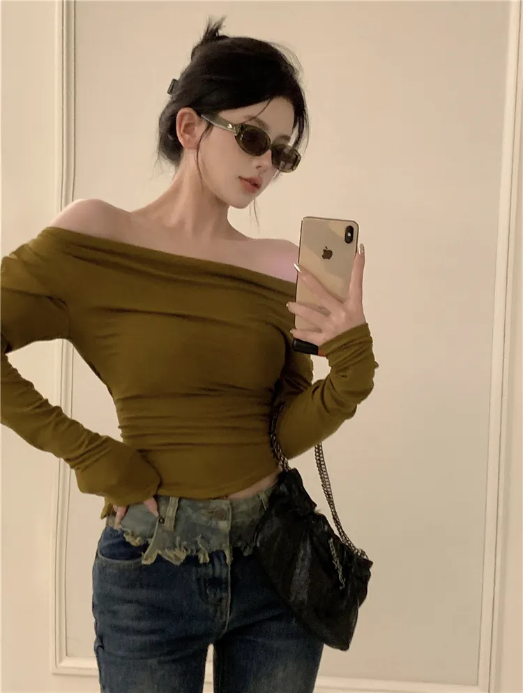 Black Solid Slash Neck Elegant Long Sleeve Tops Fashion Slim Sexy Cropped T Shirt Skinny Women Y2k Clothing Autumn Casual Shirts