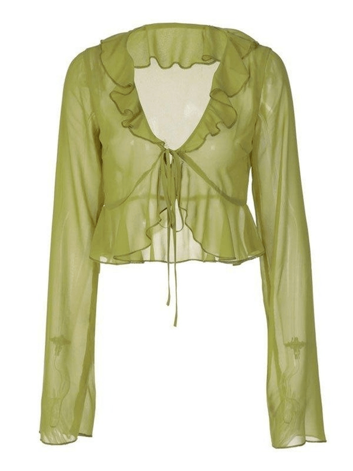 Maxct Sheer Mesh Ruffle Long Sleeve Crop Blouse