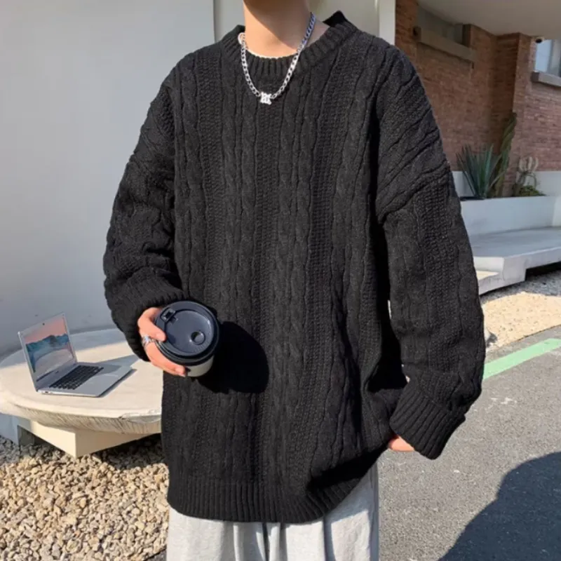 Maxct Pullover sweater men autumn winter pure color simple retro crewneck sweater lazy wind twist thread coat