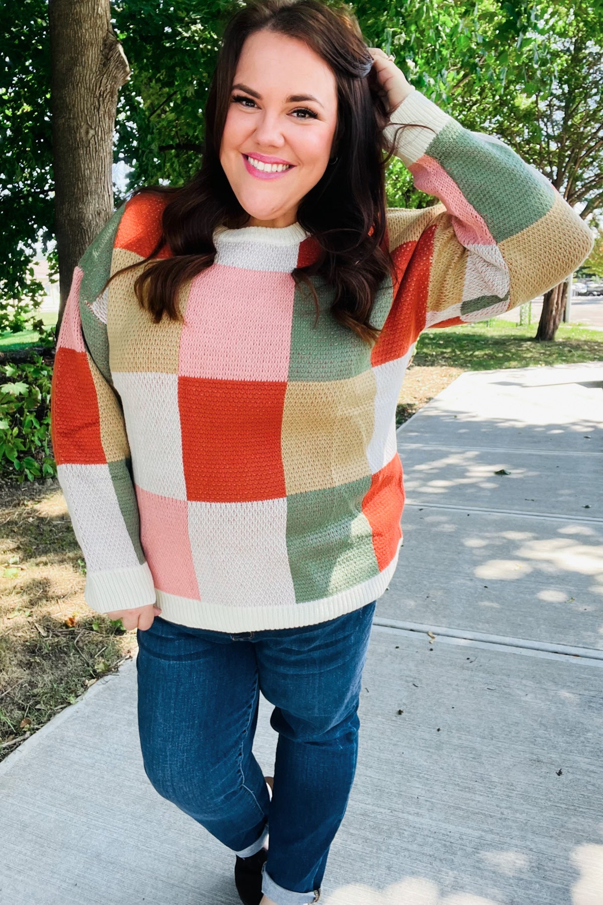 Maxct &Be Bold Ivory & Rust Checker Jacquard Knit Sweater
