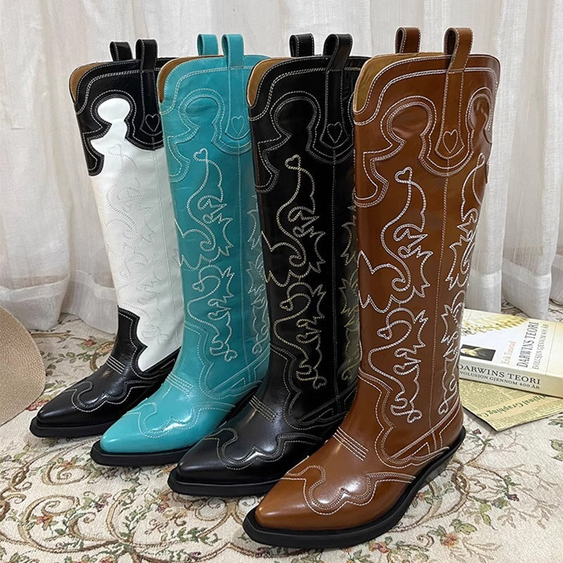 Womens Contrasting Embroidery Western Boots Knee High Cowboy Boots Maxct