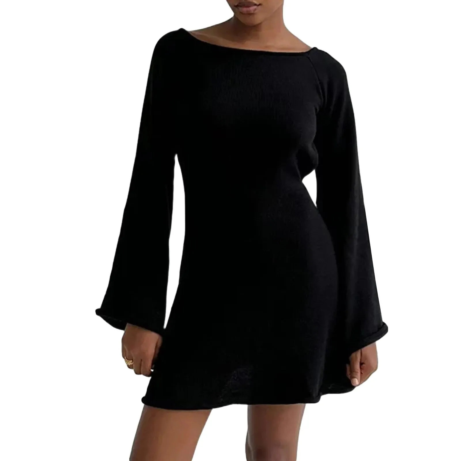 Maxct Women Knitted Dress Casual Solid Color Backless Long Sleeve Mini Party Dress for Beach Cocktail Club Streetwear