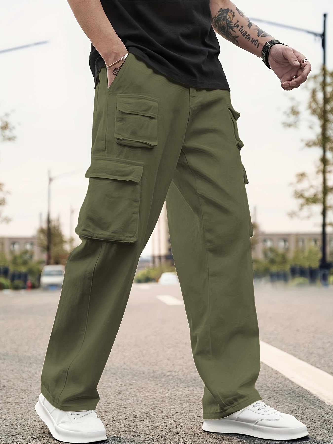 Maxct Men's Multi Flap Pocket Cargo Pants, Loose Trendy Pants
