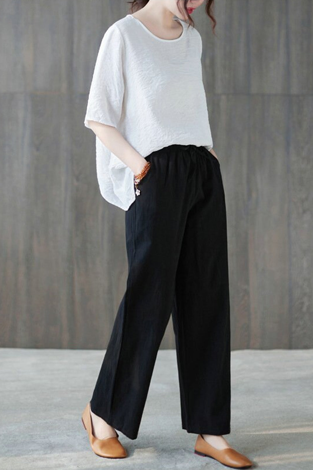 Cotton Linen Elastic Waist Colors Wide Leg Pants Maxct
