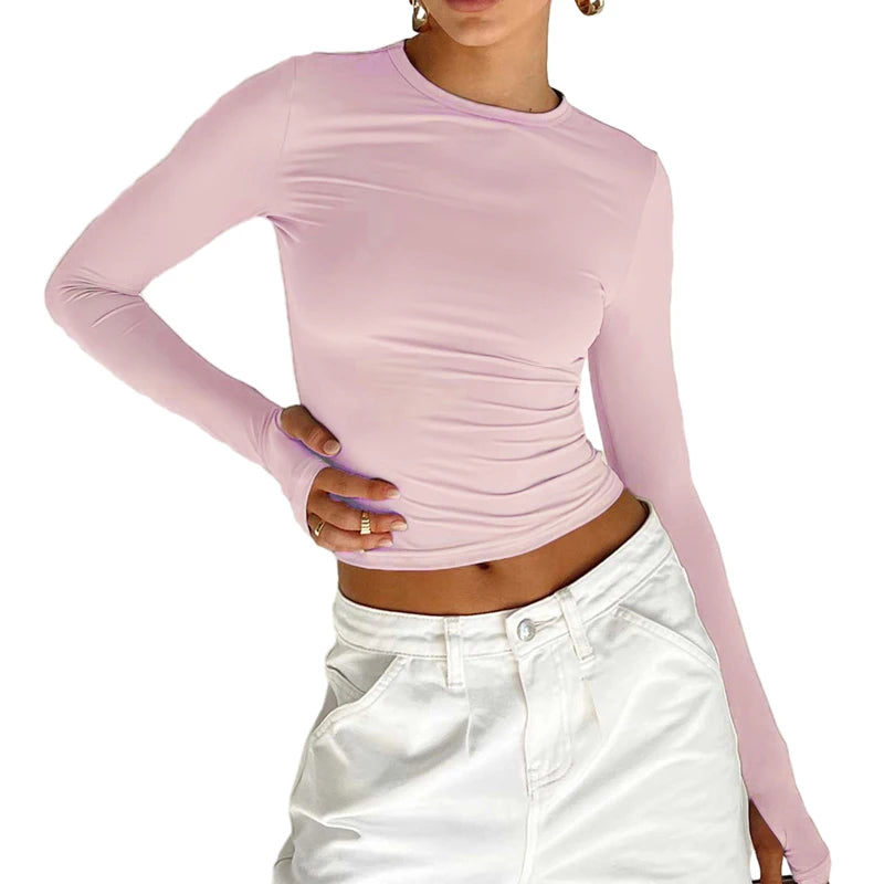 Maxct Female Fashion Going Out T-Shirt Women Sexy Long Sleeve Fitted Crop Tops Y2K Crew Neck Casual Basic Tight Tees Streetwear