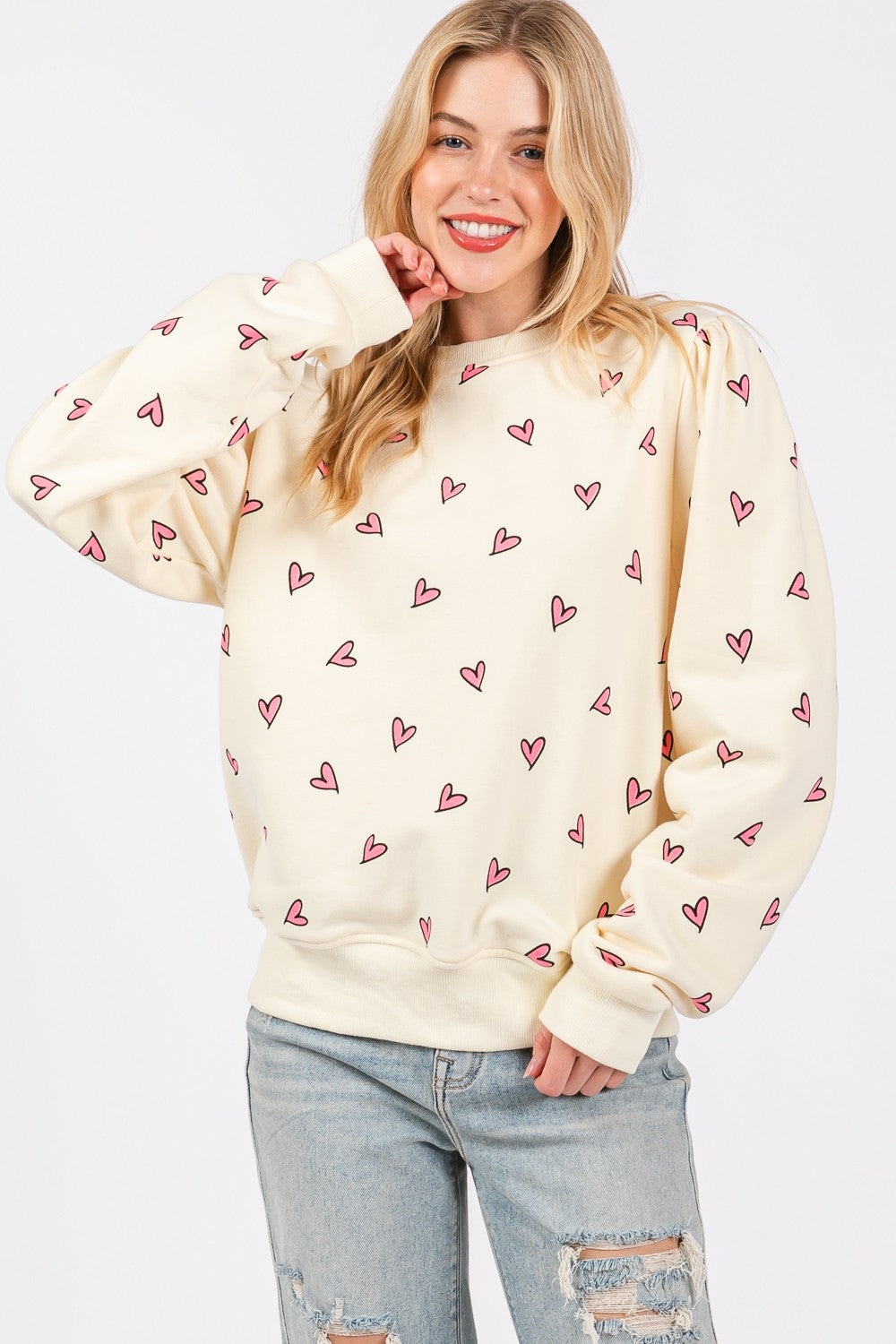 Maxct &SAGE + FIG Heart Printed Contrast Long Sleeve Sweatshirt
