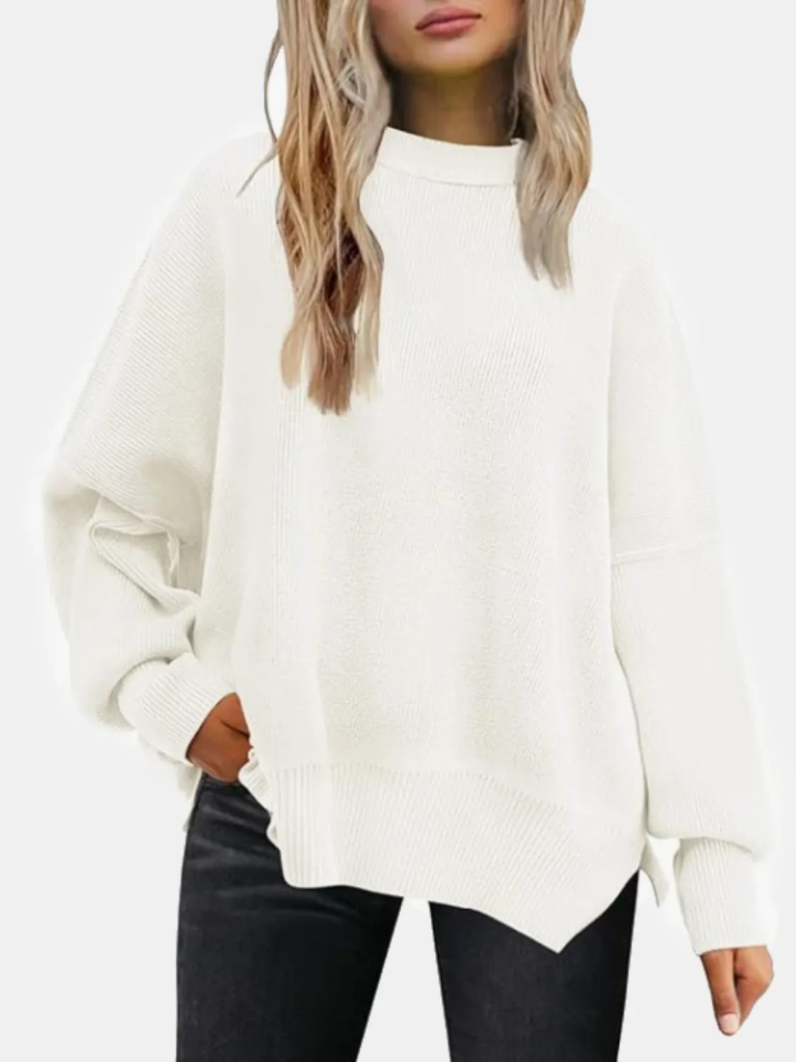 Maxct &Round Neck Drop Shoulder Slit Sweater