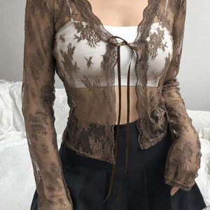 Maxct Open Front Lace Long Sleeve Crop Blouse