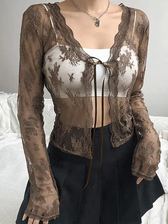 Maxct Open Front Lace Long Sleeve Crop Blouse