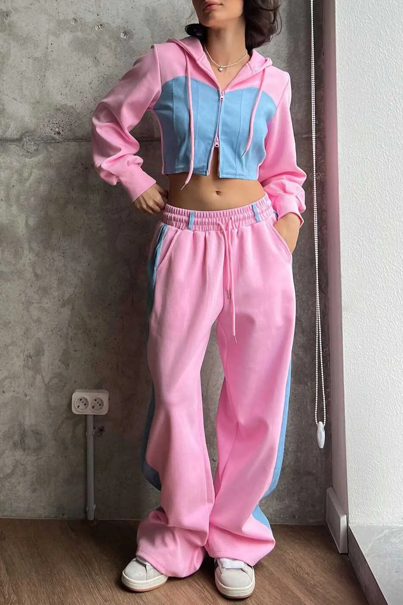 Maxct Patchwork Hooded Zipper Crop Top Pants Set