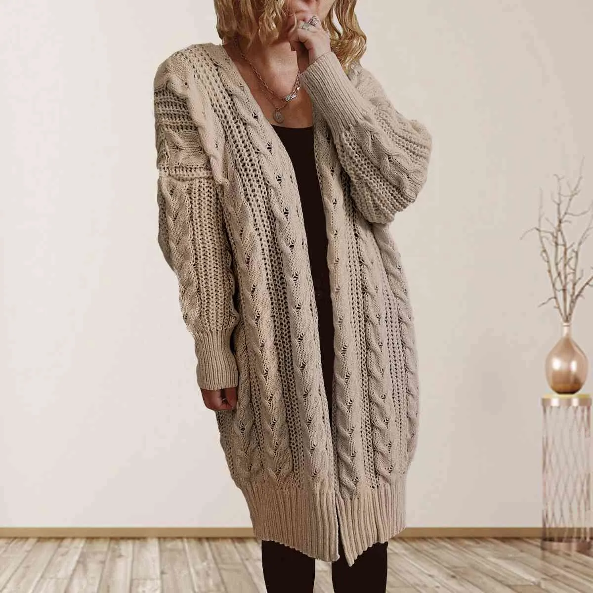 Maxct &Cable-Knit Open Front Dropped Shoulder Cardigan