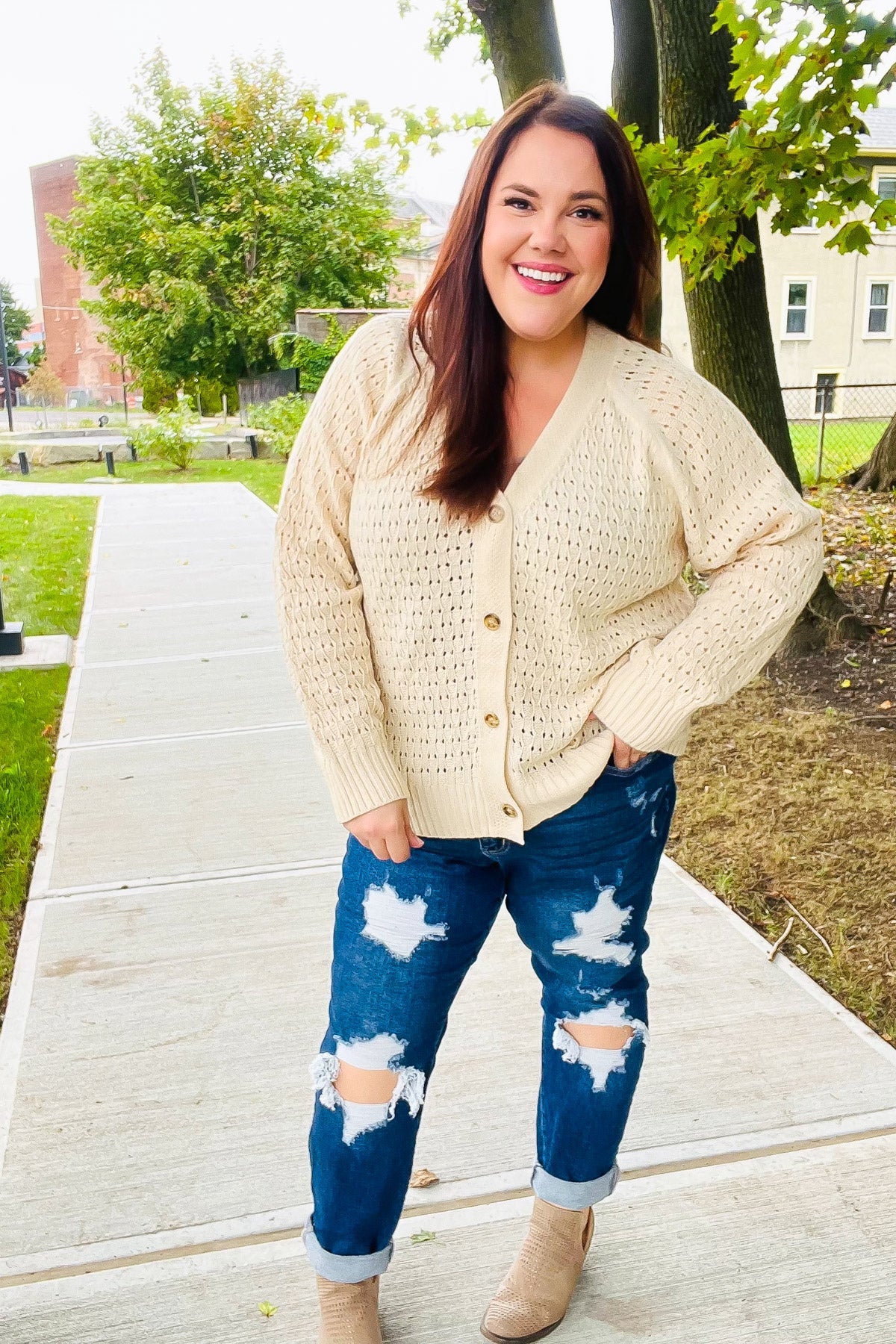 Maxct &Follow Me Oatmeal Pointelle Knit Button Down Cardigan