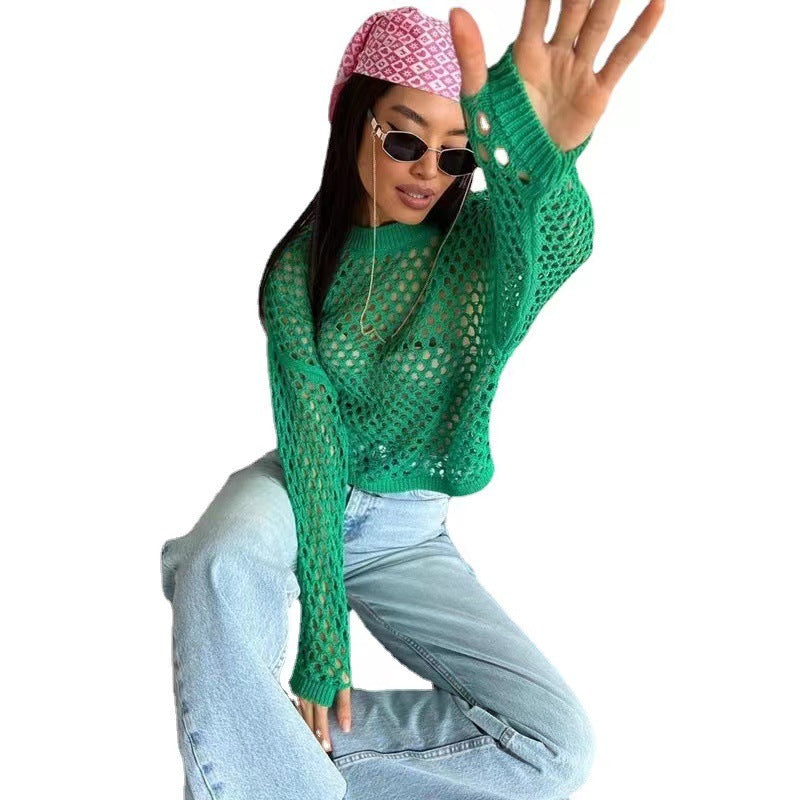 Maxctshop sweater Spring and Summer New Knitwear Bell Sleeve Loose round Neck Hollow Sweater for Women - Image 8