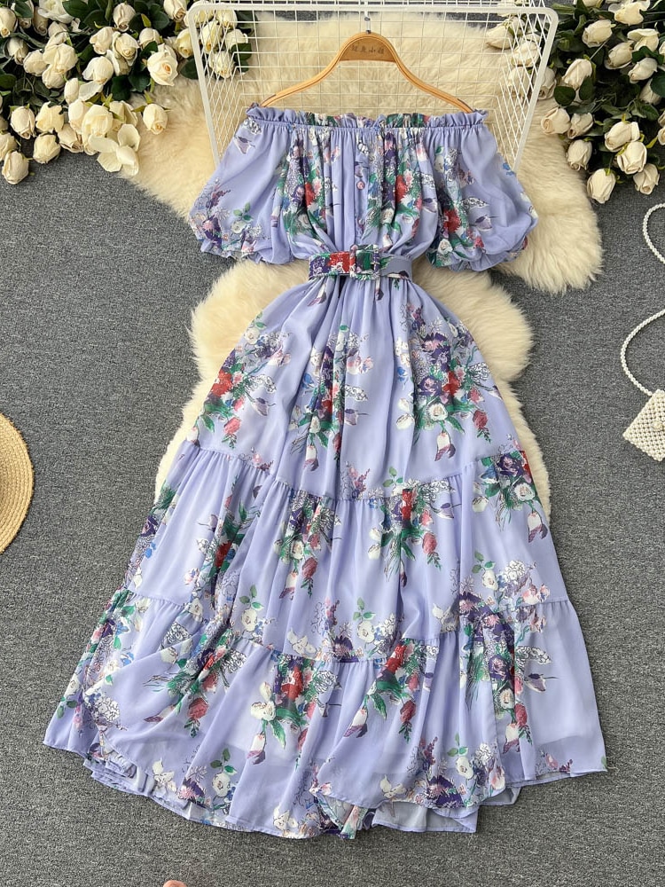 Bohemian Floral Chiffon Long Dress Women Sexy Off Shoulder Ruffle Puff Short Sleeve High Waist A-Line Big Swing Vestidos