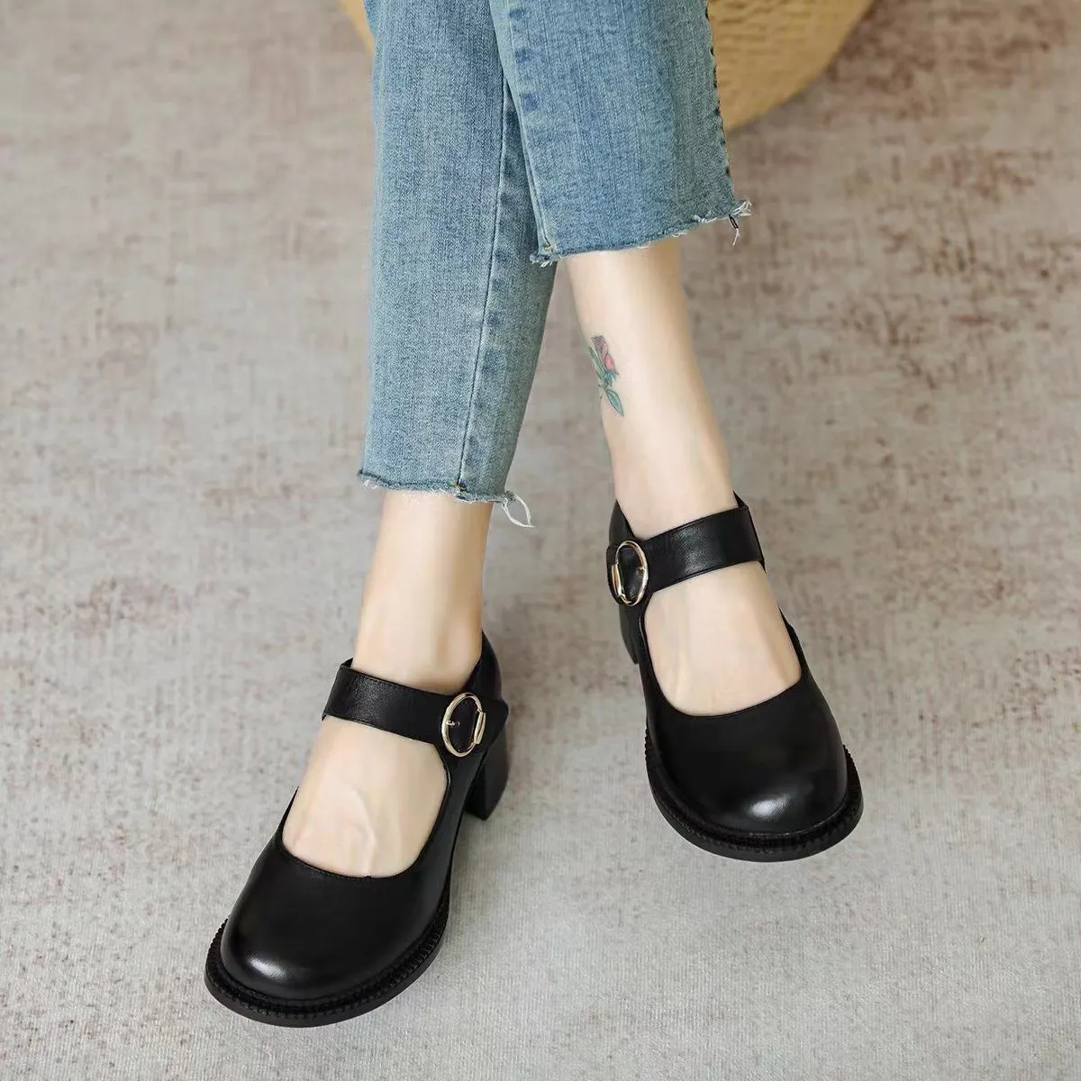 Handmade Pumps Mary Jane Heels Sandalss Round Toe  Retro Velcro Sandals Black/Brown Maxct