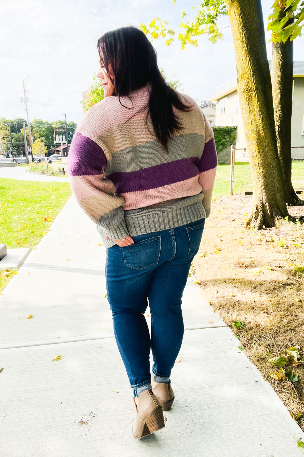 Maxct &Fall For You Mauve Multicolor Stripe Cable Knit Mock Neck Sweater