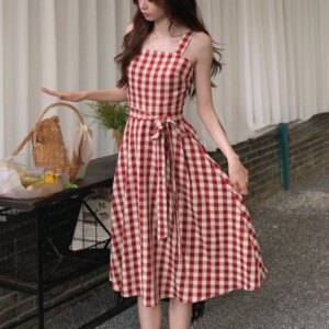 Cute Red Plaid Strappy Dress Maxct