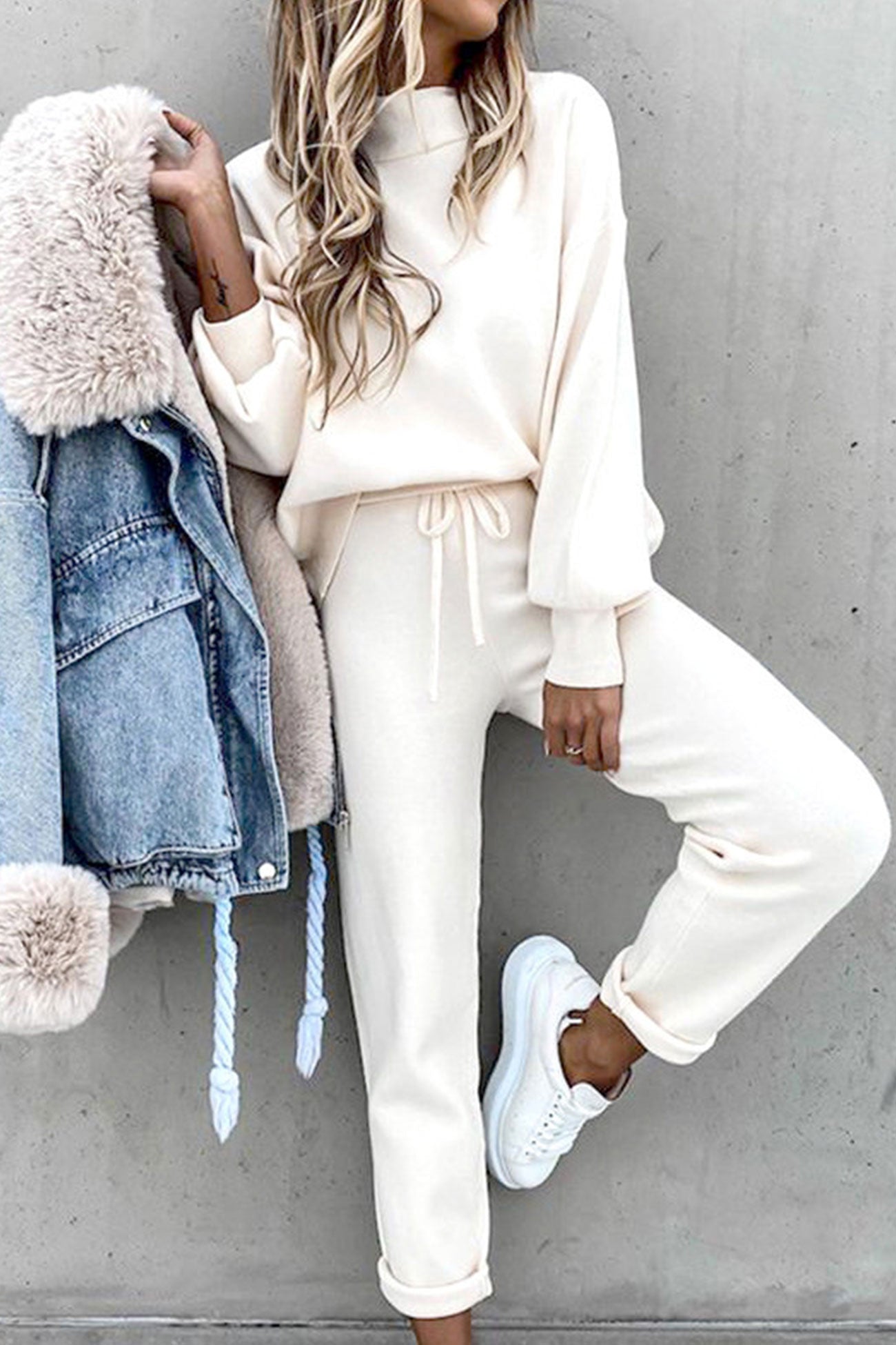 Maxct Mock Neck Puff Sleeve Sweatshirt Long Pants Suits