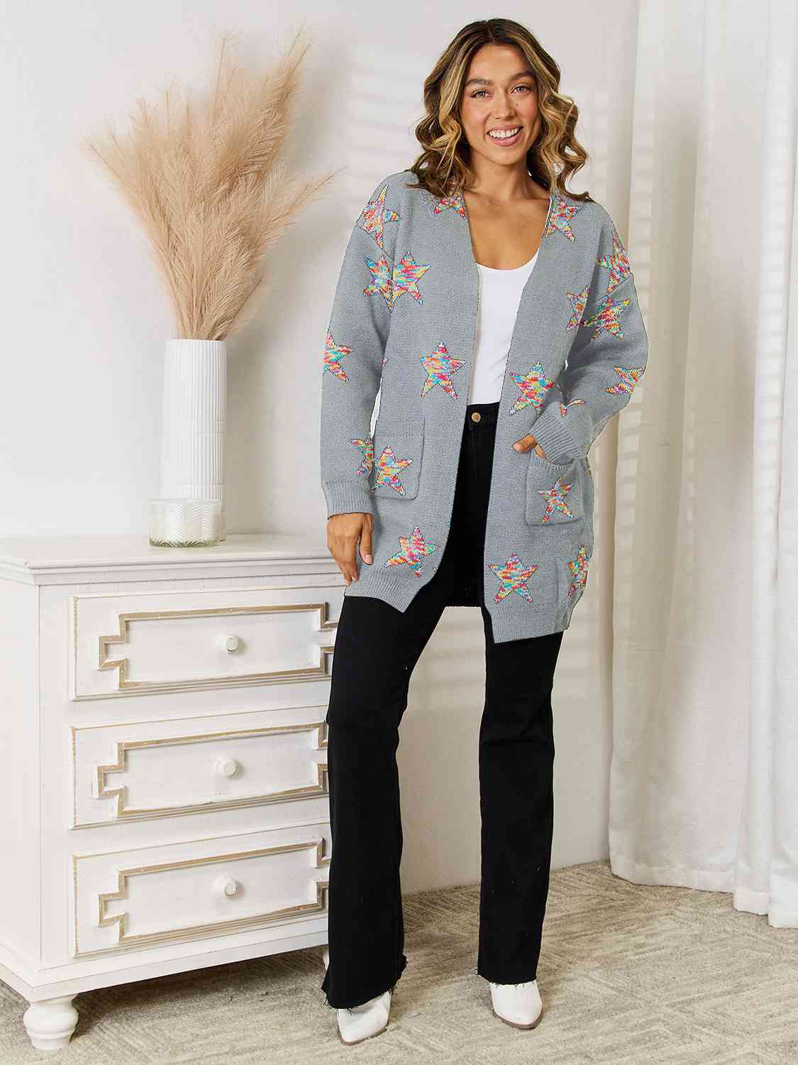 Maxct &Star Pattern Open Front Cardigan with Pockets