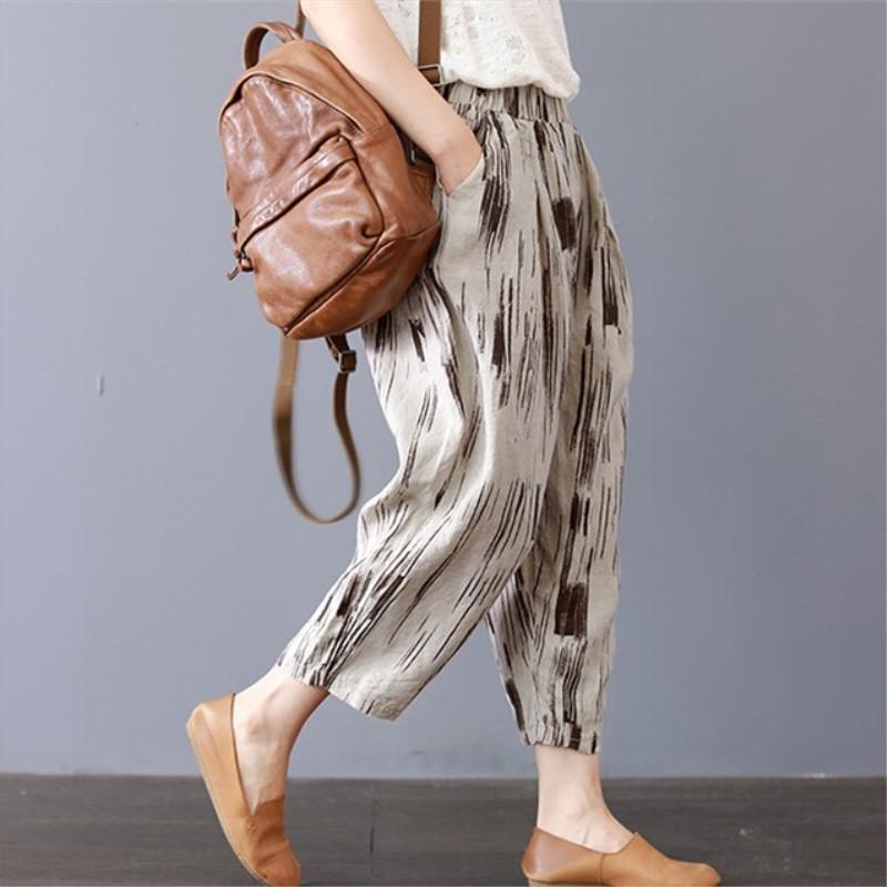 Casual Cotton Linen Striped Wide Leg Harem Pants