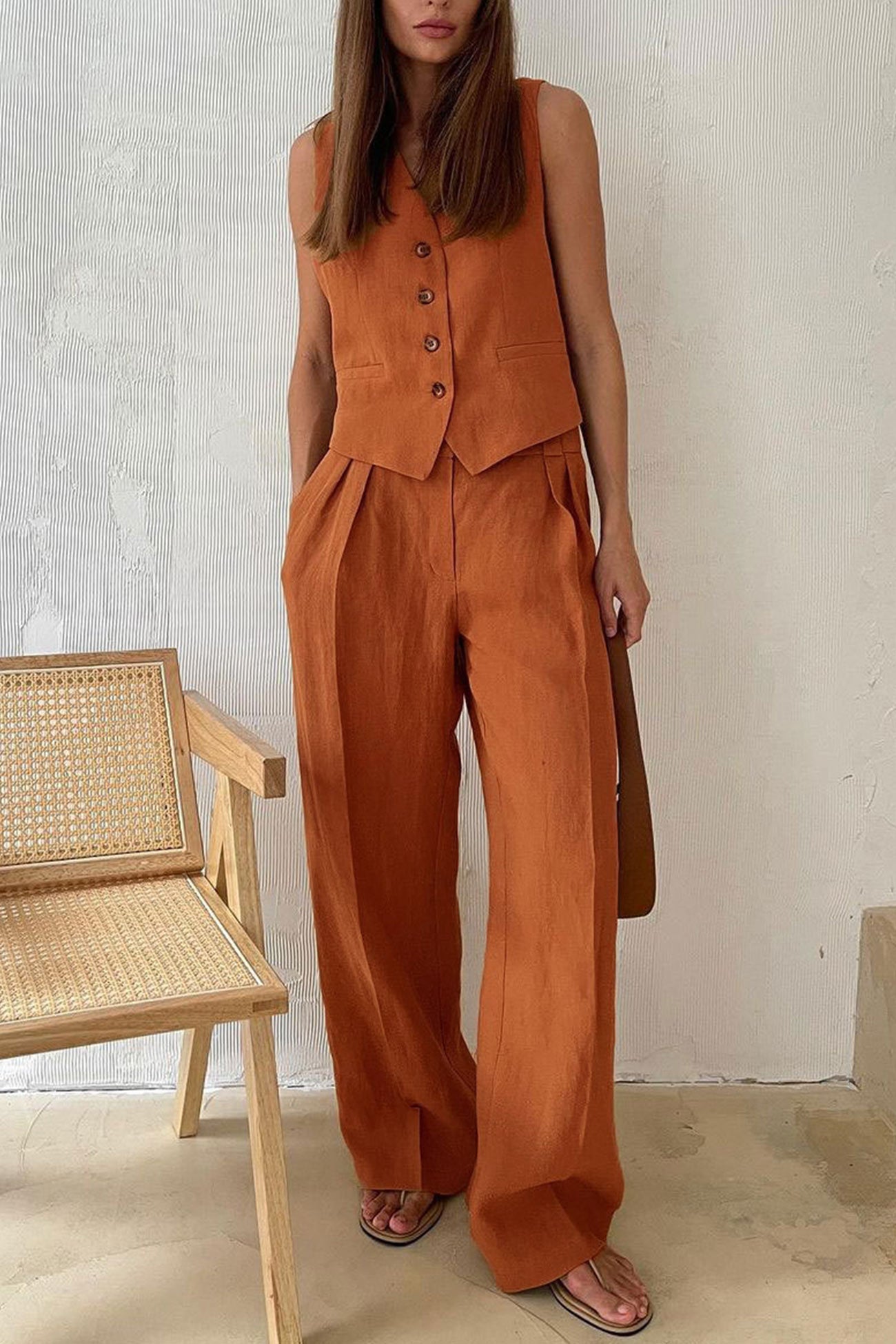Maxct Cotton Linen Tank Top Pants Suits