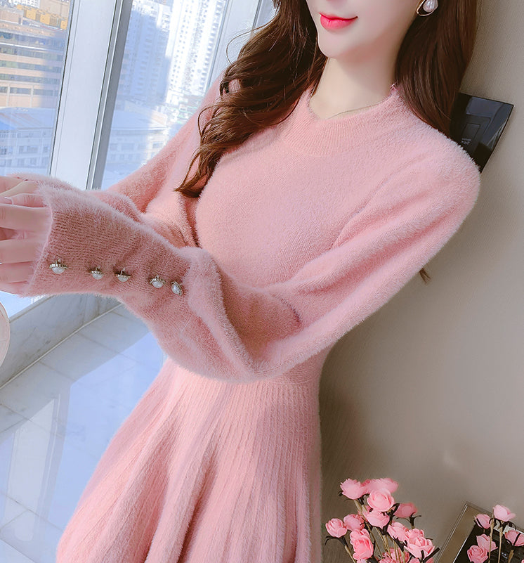 Fuzzy Puff Sleeve Sweater Dress Maxct