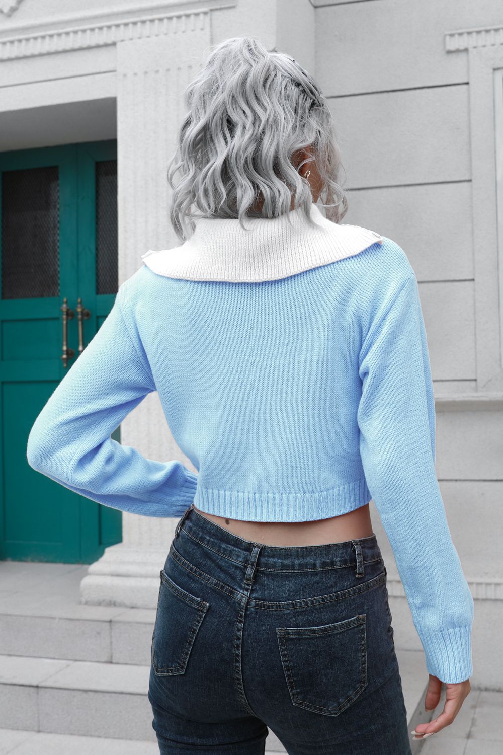 Maxct &Contrast Collared Cropped Sweater